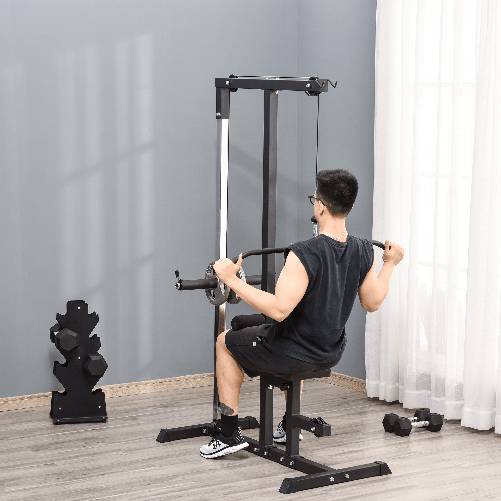 HOMCOM-Stazione-Fitness-Pull-Down-da-Casa-con-Panca-e-Cavo-Regolabile-in-Acciaio-107x120x190cm-Nero