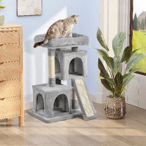 PawHut-Albero-Tiragraffi-per-Gatti-con-Pali-in-Sisal-Lettino-e-2-Casette-59x39x83cm-Grigio