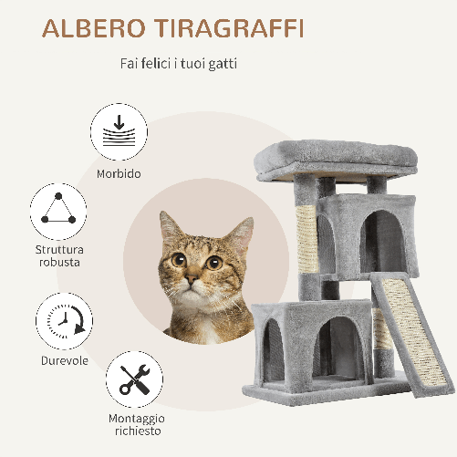 PawHut-Albero-Tiragraffi-per-Gatti-con-Pali-in-Sisal-Lettino-e-2-Casette-59x39x83cm-Grigio