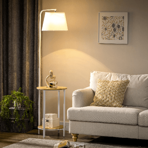 HOMCOM-Lampada-da-Terra-Moderna-con-Tavolino-a-2-Livelli-per-Soggiorno-e-Camera-da-Letto-in-Tessuto-Effetto-Lino-Bambu-e-Acciaio--37x162-cm