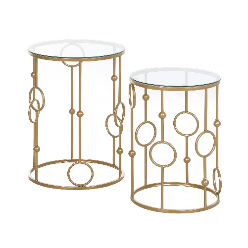 HOMCOM-Set-2-Pezzi-Tavolini-da-Caffe-Design-Elegante-con-Motivi-a-Cerchio-Metallo-e-Vetro-Temperato--41x57cm----36x51cm