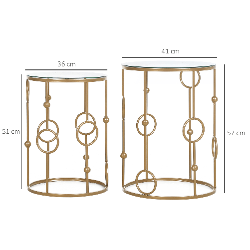 HOMCOM-Set-2-Pezzi-Tavolini-da-Caffe-Design-Elegante-con-Motivi-a-Cerchio-Metallo-e-Vetro-Temperato--41x57cm----36x51cm