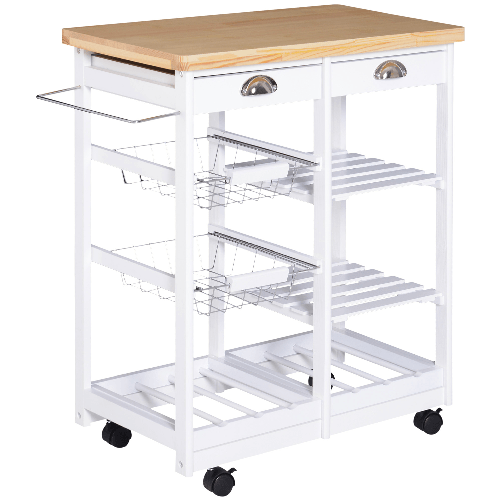 HOMCOM Carrello da Cucina con Cassetti e Portabottiglie Legno e Bianco