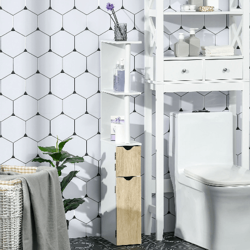 kleankin-Colonna-Bagno-con-2-Ripiani-e-2-Armadietti-Mobile-Alto-Salvaspazio-15-2x29-8x118-cm-Bianco-e-color-Legno