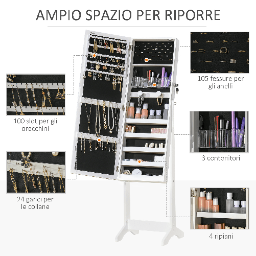 HOMCOM-Specchio-Portagioie-Autoportante-con-Luce-LED-Inclinazione-Regolabile-e-Serratura-46x36-5x151-5cm