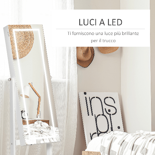 HOMCOM-Specchio-Portagioie-Autoportante-con-Luce-LED-Inclinazione-Regolabile-e-Serratura-46x36-5x151-5cm