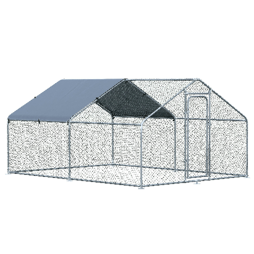 PawHut-Pollaio-per-Galline-da-Esterno-in-Metallo-con-Copertura-in-Tessuto-Oxford-300x400x195-cm-Argento