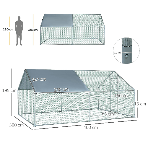 PawHut-Pollaio-per-Galline-da-Esterno-in-Metallo-con-Copertura-in-Tessuto-Oxford-300x400x195-cm-Argento