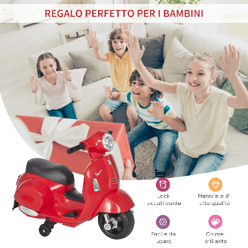 HOMCOM-Moto-Elettrica-per-Bambini-con-Licenza-Ufficiale-Vespa-Batteria-6V-Fari-e-Clacson-per-Bimbi-da-18-36-mesi-Rosso-66-5x38x52cm