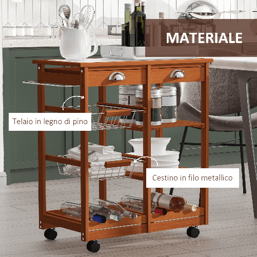 HOMCOM-Carrello-da-Cucina-Multiuso-in-Legno-di-Pino-con-4-Ruote-e-Cassetti-74x37x75cm-Marrone-Chiaro