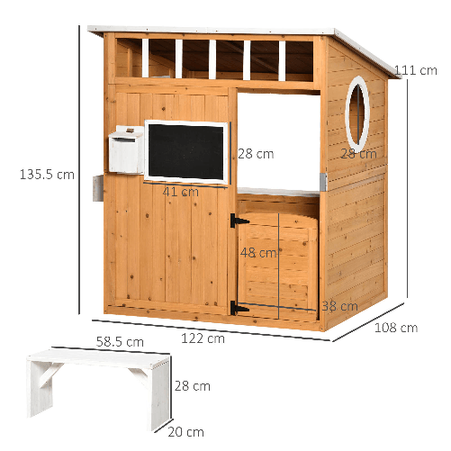 Outsunny-Casetta-per-Bambini-in-Legno-da-Esterno-con-Porta-Finestre-Panca-Portavasi-122x108x135-5cm-Gialla