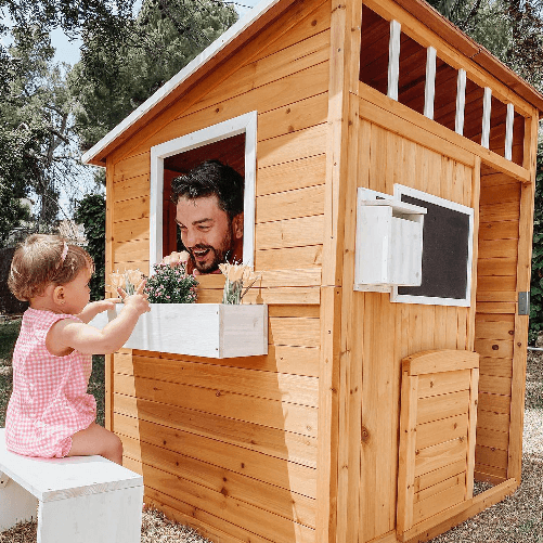 Outsunny-Casetta-per-Bambini-in-Legno-da-Esterno-con-Porta-Finestre-Panca-Portavasi-122x108x135-5cm-Gialla