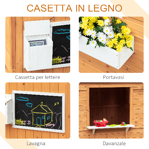 Outsunny-Casetta-per-Bambini-in-Legno-da-Esterno-con-Porta-Finestre-Panca-Portavasi-122x108x135-5cm-Gialla