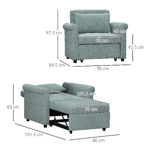 HOMCOM-Poltrona-Letto-Singolo-con-Schienale-Regolabile-in-4-Posizioni-e-Seduta-Imbottita-96x84-5x87-5-cm-Verde