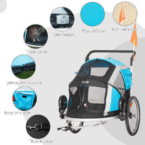 PawHut-Carrello-Trasporto-Cani-sotto-i-30kg-Rimorchio-Bici-per-Cani-con-Porta-Anteriore-e-Posteriore-Finestre-a-Rete-e-Tetto-Apribile-150x82x98-108cm