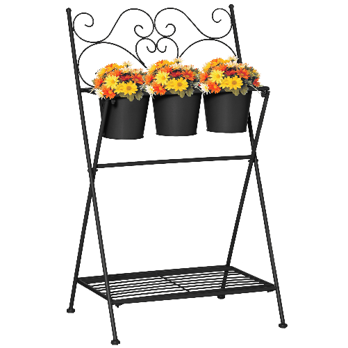 Outsunny-Portapiante-in-Metallo-Pieghevole-con-3-Vasi-e-Ripiano-Inferiore-per-Casa-e-Giardino-47x37x78-5cm-Nero