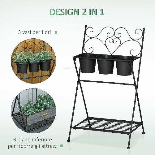 Outsunny-Portapiante-in-Metallo-Pieghevole-con-3-Vasi-e-Ripiano-Inferiore-per-Casa-e-Giardino-47x37x78-5cm-Nero