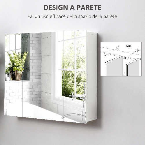 kleankin-Armadietto-Bagno-con-3-Ante-Specchiate-e-Ripiani-Regolabili-70x15x60cm-Bianco