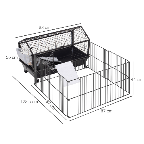 PawHut-Gabbia-per-Conigli-Ricci-Porcellini-d-India-e-Roditori-Conigliera-per-Interni-in-Metallo-Nero-88x128-5x56cm