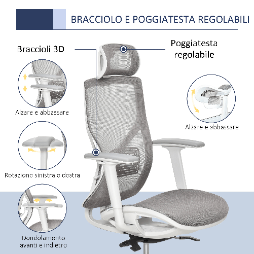 Vinsetto-Sedia-Ergonomica-da-Ufficio-con-Poggiatesta-Inclinazione-e-Altezza-Regolabile-Poltrona-Girevole-Basculante-con-Ruote-e-Schiena-in-Rete-67x65x120-128cm-Grigio