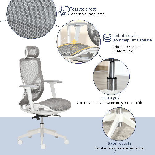 Vinsetto-Sedia-Ergonomica-da-Ufficio-con-Poggiatesta-Inclinazione-e-Altezza-Regolabile-Poltrona-Girevole-Basculante-con-Ruote-e-Schiena-in-Rete-67x65x120-128cm-Grigio