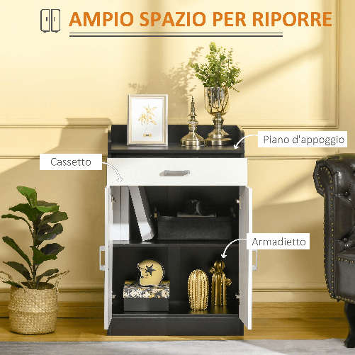 HOMCOM-Mobiletto-con-Cassetto-e-Ripiano-Regolabile-per-Cucina-Soggiorno-e-Anticamera-in-MDF-60x40x90cm-Bianco-e-Nero