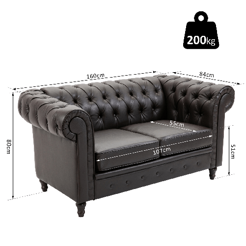 HOMCOM-Moderno-Divano-Due-Posti-Stile-Chesterfield-in-Ecopelle-Nero-con-Gambe-in-Legno-e-Struttura-Solida