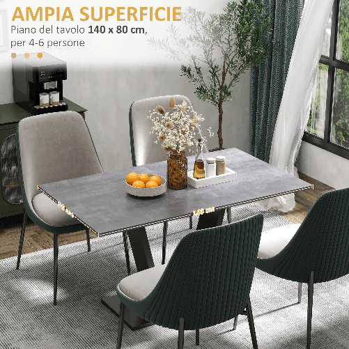 HOMCOM-Tavolo-da-Pranzo-per-4-6-persone-con-Piano-Effetto-Marmo-e-Base-in-Acciaio-140x80x76cm-Nero