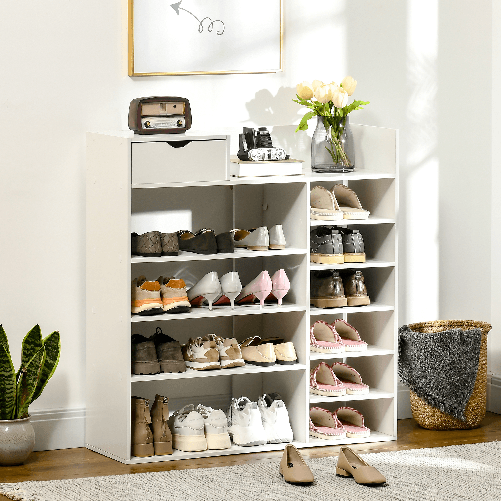 HOMCOM-Mobile-Scarpiera-Salvaspazio-con-Ripiani-e-Cassetto-per-12-Scarpe-88x30x93cm-Bianco