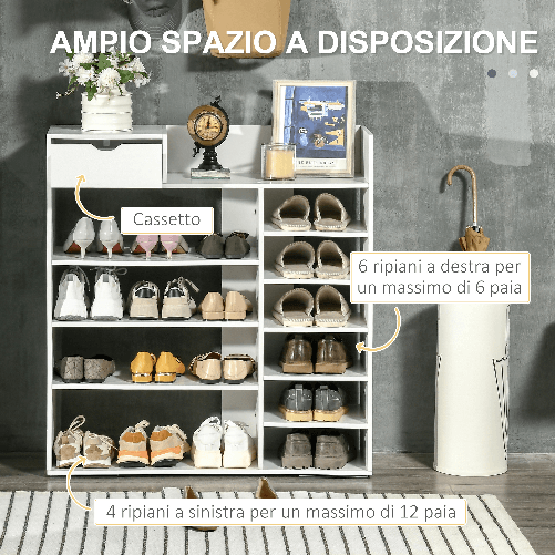 HOMCOM-Mobile-Scarpiera-Salvaspazio-con-Ripiani-e-Cassetto-per-12-Scarpe-88x30x93cm-Bianco