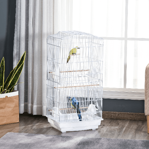 PawHut-Gabbia-per-Uccelli-con-Trespoli-Altalena-e-Ciotole-Voliera-in-Metallo-e-Plastica-46-5x35-5x92cm-Bianco