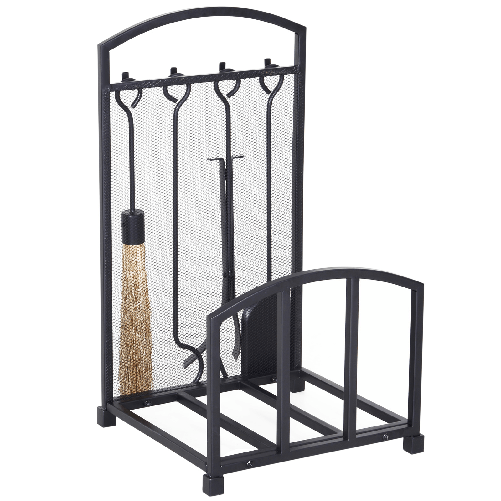 HOMCOM Portalegna da Interno ed Esterno in Metallo con Ganci e 4 Attrezzi Inclusi, 39x39x68cm, Nero