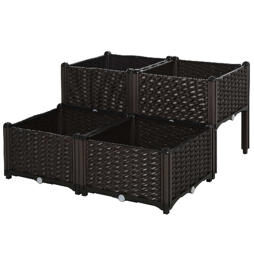 Outsunny-Set-4-Pezzi-Fioriere-da-Esterno-Autoirriganti-Rialzate-Letto-da-Giardino-Rialzato-per-Fiori-Effetto-Rattan-in-PP-Marrone