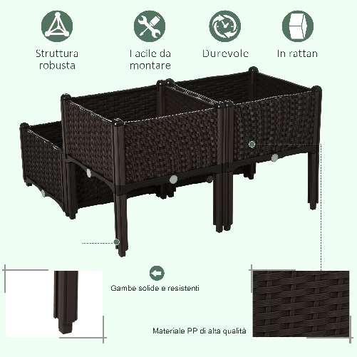 Outsunny-Set-4-Pezzi-Fioriere-da-Esterno-Autoirriganti-Rialzate-Letto-da-Giardino-Rialzato-per-Fiori-Effetto-Rattan-in-PP-Marrone