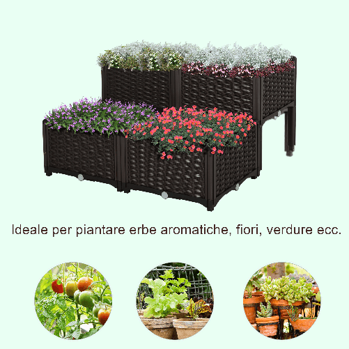 Outsunny-Set-4-Pezzi-Fioriere-da-Esterno-Autoirriganti-Rialzate-Letto-da-Giardino-Rialzato-per-Fiori-Effetto-Rattan-in-PP-Marrone