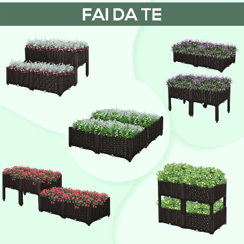 Outsunny-Set-4-Pezzi-Fioriere-da-Esterno-Autoirriganti-Rialzate-Letto-da-Giardino-Rialzato-per-Fiori-Effetto-Rattan-in-PP-Marrone