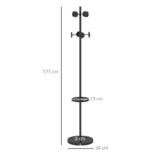 HOMCOM-Appendiabiti-da-Terra-con-Portaombrelli-e-8-Ganci-a-Disco-in-Metallo--34-x-177cm-Nero