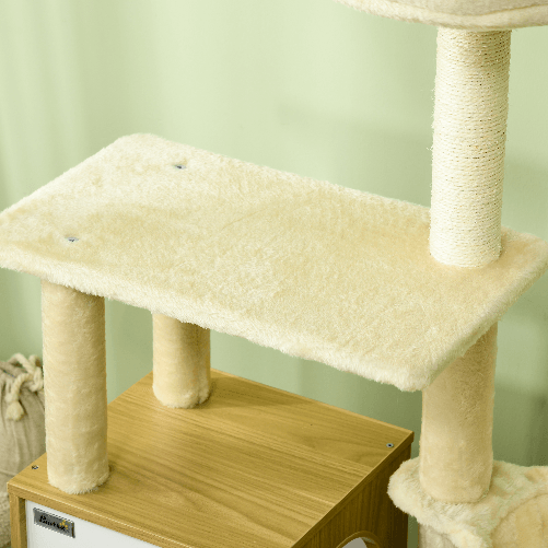 PawHut-Albero-per-Gatti-con-Casetta-Tiragraffi-per-Gatti-Posatoio-e-Paletto-48-5x48-5x141-5-cm-Beige
