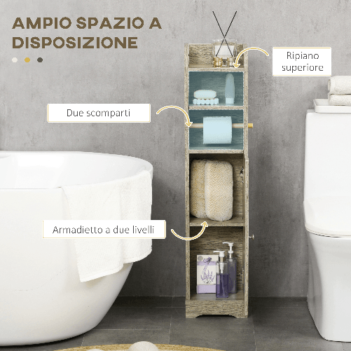 kleankin-Mobile-Bagno-in-Truciolato-con-2-Ripiani-e-Armadietto-a-2-livelli-23x18x100cm-Grigio
