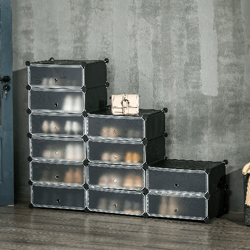 HOMCOM-Mobile-Scarpiera-Modulare-Salvaspazio-12-Cubi-45x35x16-cm-in-Acciaio-e-PP-Nero-e-Bianco