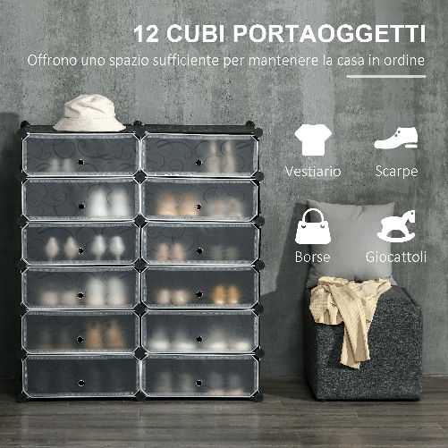 HOMCOM-Mobile-Scarpiera-Modulare-Salvaspazio-12-Cubi-45x35x16-cm-in-Acciaio-e-PP-Nero-e-Bianco