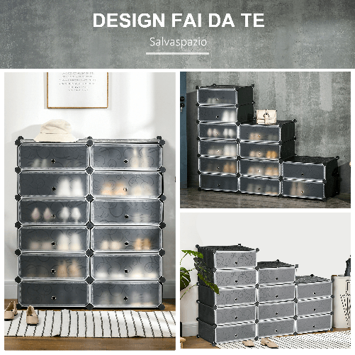 HOMCOM-Mobile-Scarpiera-Modulare-Salvaspazio-12-Cubi-45x35x16-cm-in-Acciaio-e-PP-Nero-e-Bianco