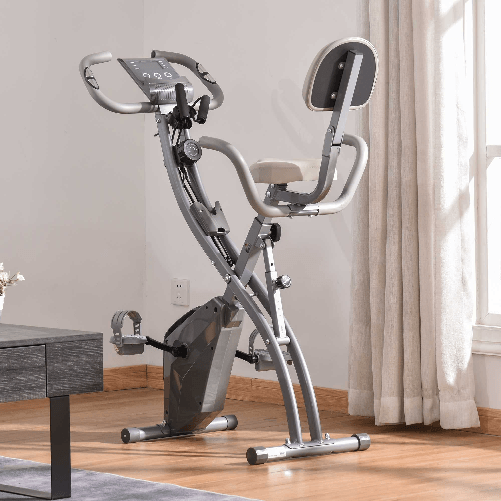 HOMCOM-Cyclette-Pieghevole-2-in-1-Resistenza-Magnetica-Regolabile-8-Livelli-Bici-da-Fitness-con-Sensore-di-Frequenza-Cardiaca-Elastici-per-Braccia-Schermo-LCD-Volano-2-5kg-Grigio