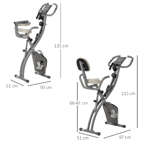 HOMCOM-Cyclette-Pieghevole-2-in-1-Resistenza-Magnetica-Regolabile-8-Livelli-Bici-da-Fitness-con-Sensore-di-Frequenza-Cardiaca-Elastici-per-Braccia-Schermo-LCD-Volano-2-5kg-Grigio