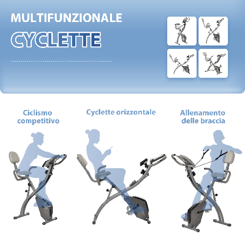 HOMCOM-Cyclette-Pieghevole-2-in-1-Resistenza-Magnetica-Regolabile-8-Livelli-Bici-da-Fitness-con-Sensore-di-Frequenza-Cardiaca-Elastici-per-Braccia-Schermo-LCD-Volano-2-5kg-Grigio