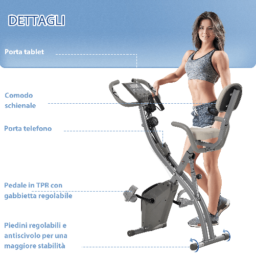 HOMCOM-Cyclette-Pieghevole-2-in-1-Resistenza-Magnetica-Regolabile-8-Livelli-Bici-da-Fitness-con-Sensore-di-Frequenza-Cardiaca-Elastici-per-Braccia-Schermo-LCD-Volano-2-5kg-Grigio