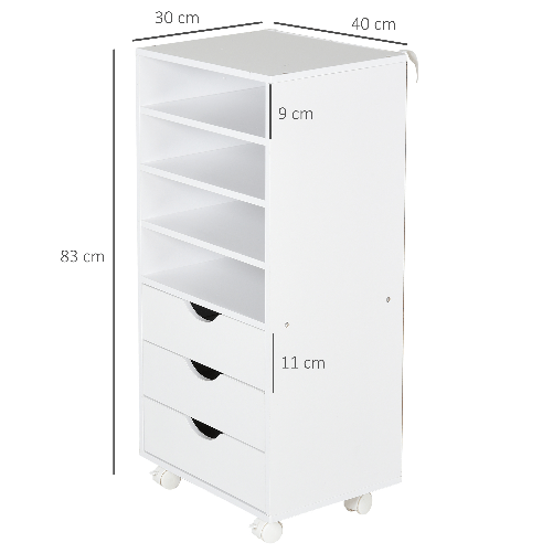 Vinsetto-Cassettiera-Ufficio-con-4-Ruote-4-Ripiani-3-Cassetti-Schedario-Portadocumenti-in-Legno-MDF-Bianco-38-x-30-x-86-8-cm