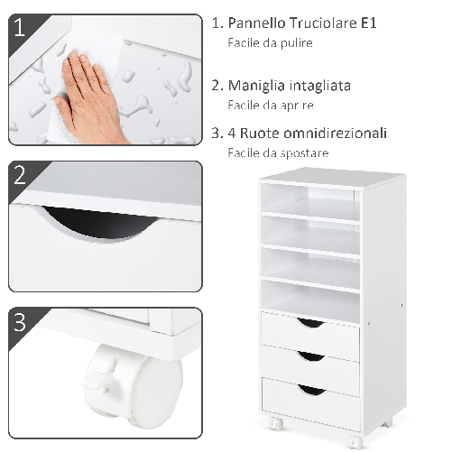 Vinsetto-Cassettiera-Ufficio-con-4-Ruote-4-Ripiani-3-Cassetti-Schedario-Portadocumenti-in-Legno-MDF-Bianco-38-x-30-x-86-8-cm