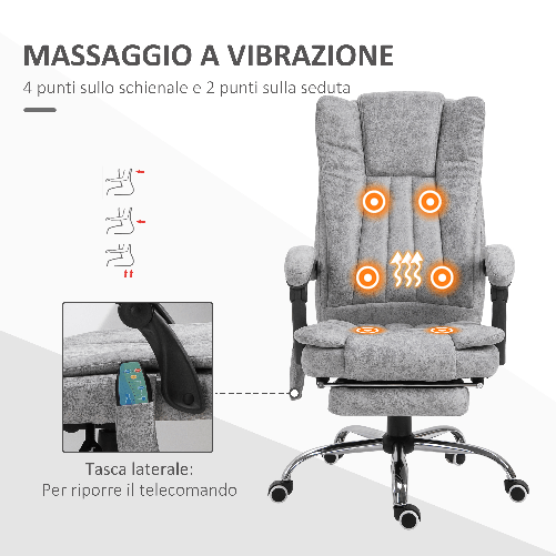 Vinsetto-Poltrona-da-Ufficio-Massaggiante-Riscaldante-Altezza-e-Reclinazione-Regolabili-Poggiapiedi-Retrattile-62x67x113-120cm-Grigio
