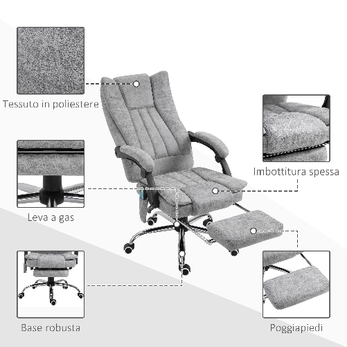 Vinsetto-Poltrona-da-Ufficio-Massaggiante-Riscaldante-Altezza-e-Reclinazione-Regolabili-Poggiapiedi-Retrattile-62x67x113-120cm-Grigio